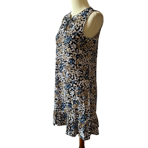 MICHAEL KORS DRESS TIE NECK JERSEY STRETCH BLACK WHITE DITZY FLORAL RUFFLE XS - Picture 4 of 12